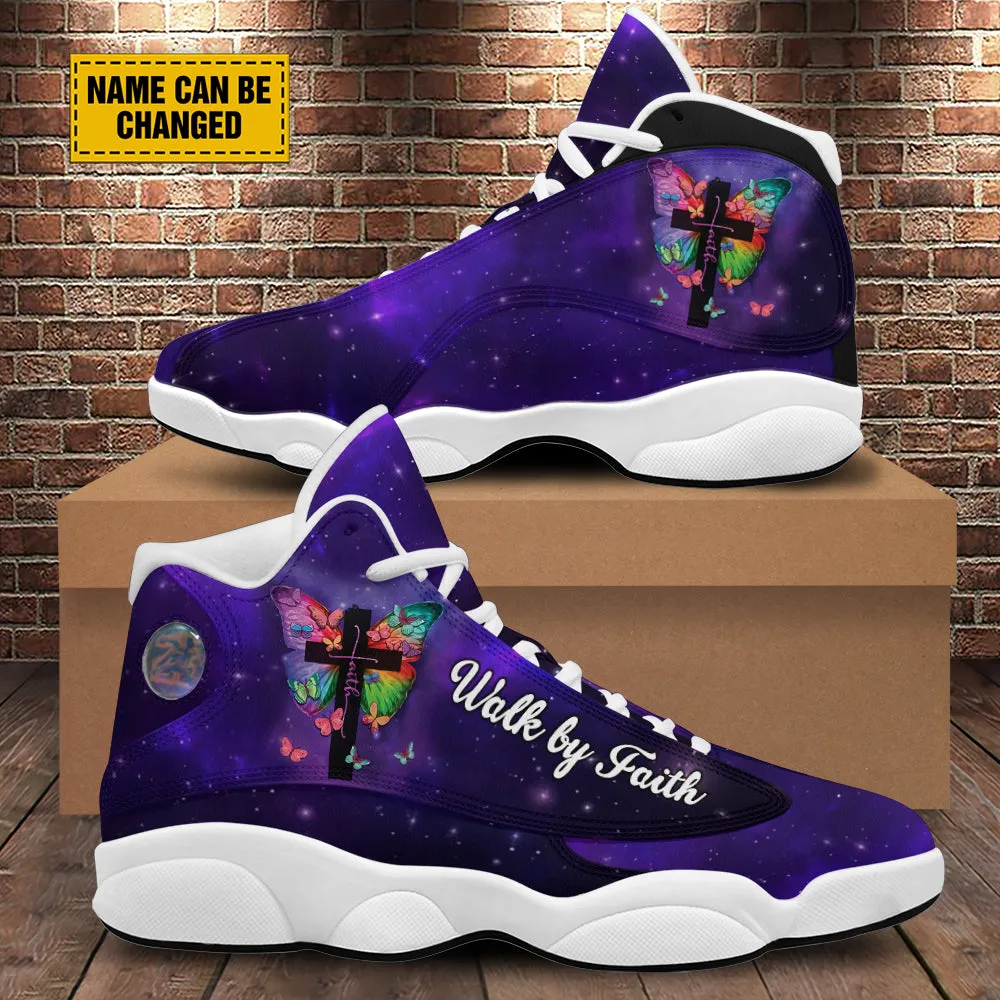 Teesdily | Customized Butterfly Jesus Cross Basketball Shoes, Walk By Faith Running Shoes, Christian Unisex Shoes With Thick Sole