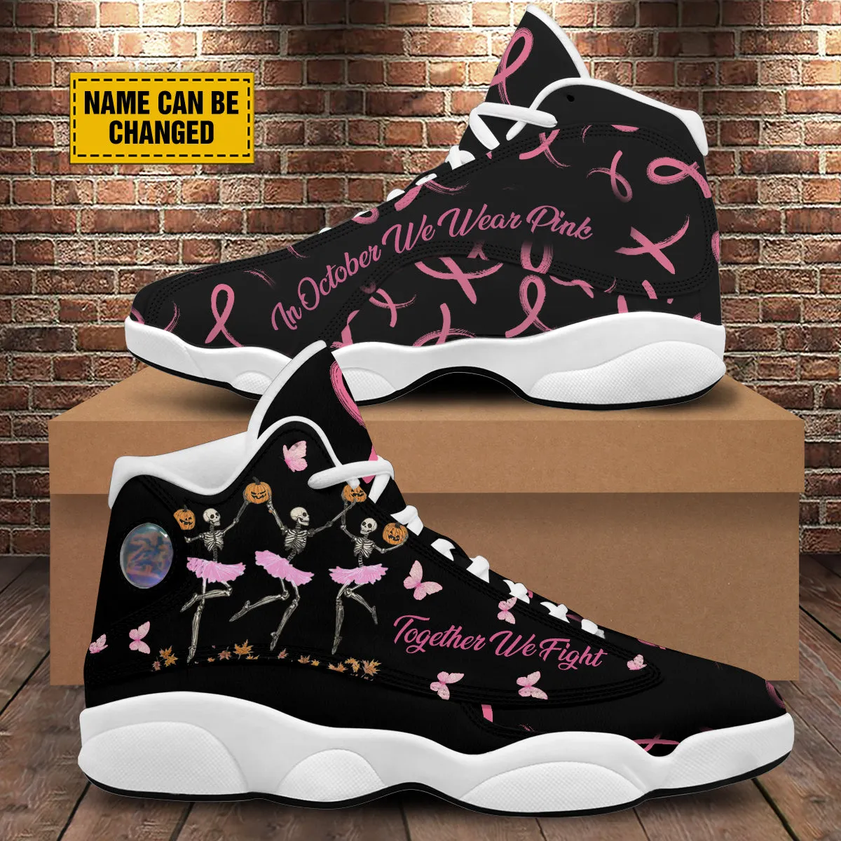 Teesdily | Customized Together We Fighter Shoes, Dancing Skeleton Breast Cancer Basketball Shoes, Halloween In October We Wear Pink Ribbon Shoes