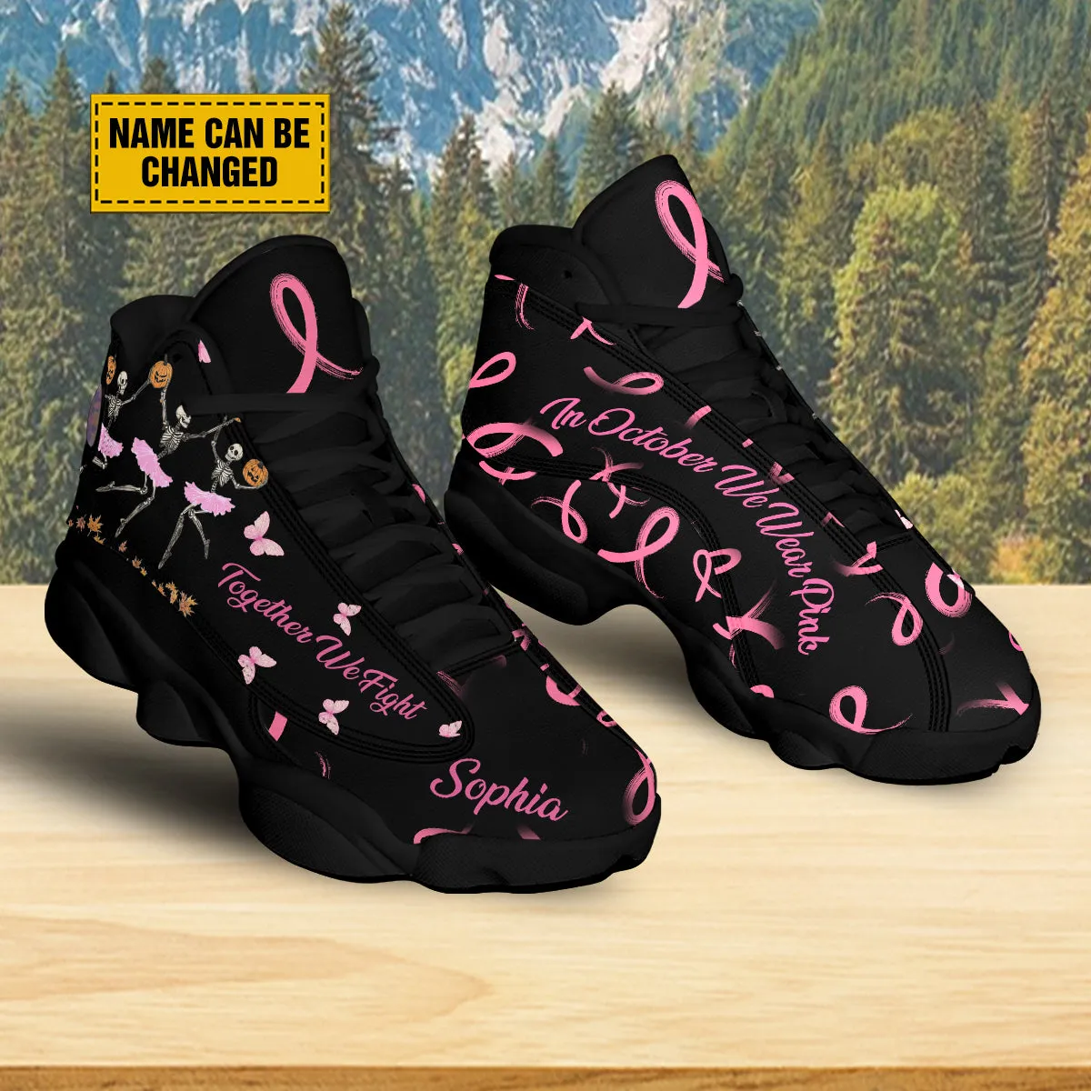 Teesdily | Customized Together We Fighter Shoes, Dancing Skeleton Breast Cancer Basketball Shoes, Halloween In October We Wear Pink Ribbon Shoes