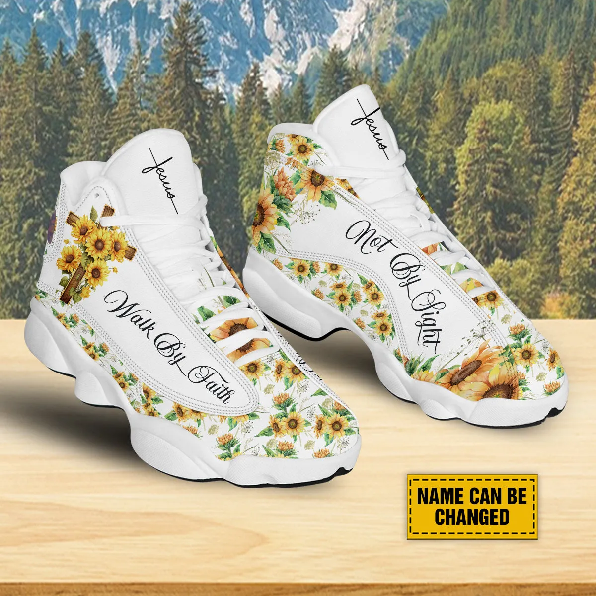 Teesdily | Jesus Cross Sunflower Customized Sport Shoes, Walk By Faith Not By Sight, Faith Gifts For Women, Sunflower Pattern Unisex Basketball Shoes