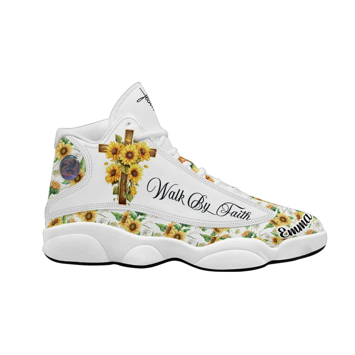 Teesdily | Jesus Cross Sunflower Customized Sport Shoes, Walk By Faith Not By Sight, Faith Gifts For Women, Sunflower Pattern Unisex Basketball Shoes