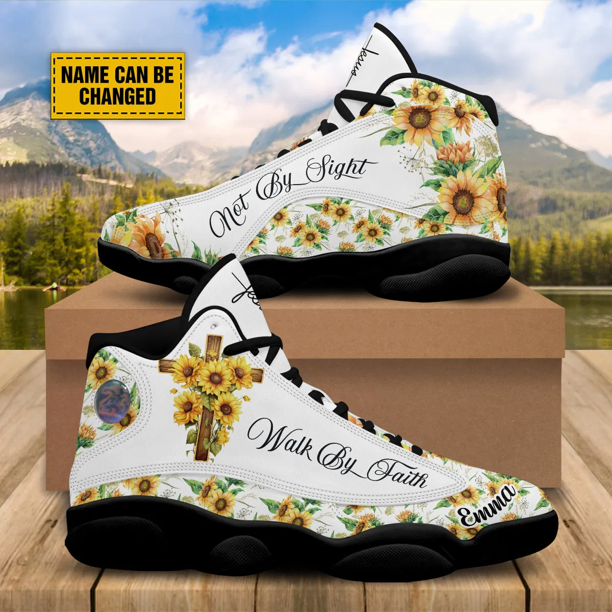 Teesdily | Jesus Cross Sunflower Customized Sport Shoes, Walk By Faith Not By Sight, Faith Gifts For Women, Sunflower Pattern Unisex Basketball Shoes