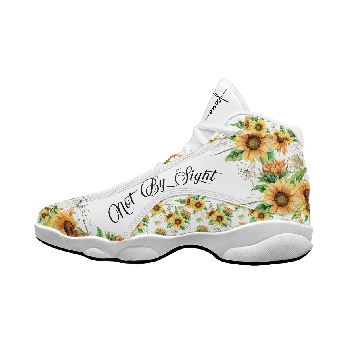 Teesdily | Jesus Cross Sunflower Customized Sport Shoes, Walk By Faith Not By Sight, Faith Gifts For Women, Sunflower Pattern Unisex Basketball Shoes