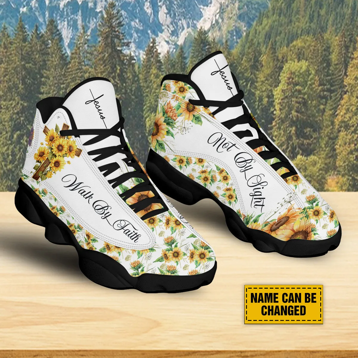 Teesdily | Jesus Cross Sunflower Customized Sport Shoes, Walk By Faith Not By Sight, Faith Gifts For Women, Sunflower Pattern Unisex Basketball Shoes