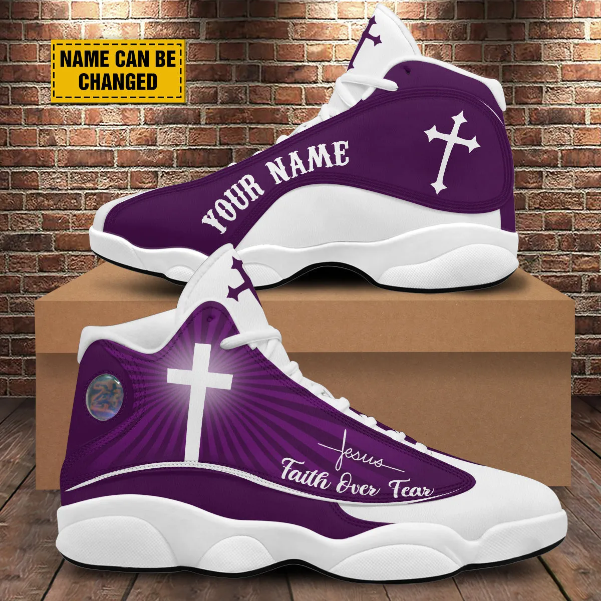 Teesdily | Jesus Faith Over Fear Basketball Shoes, Jesus Basketball Shoes Purple Design, Gift For Jesus Lovers, Christian Unisex Basketball Shoes