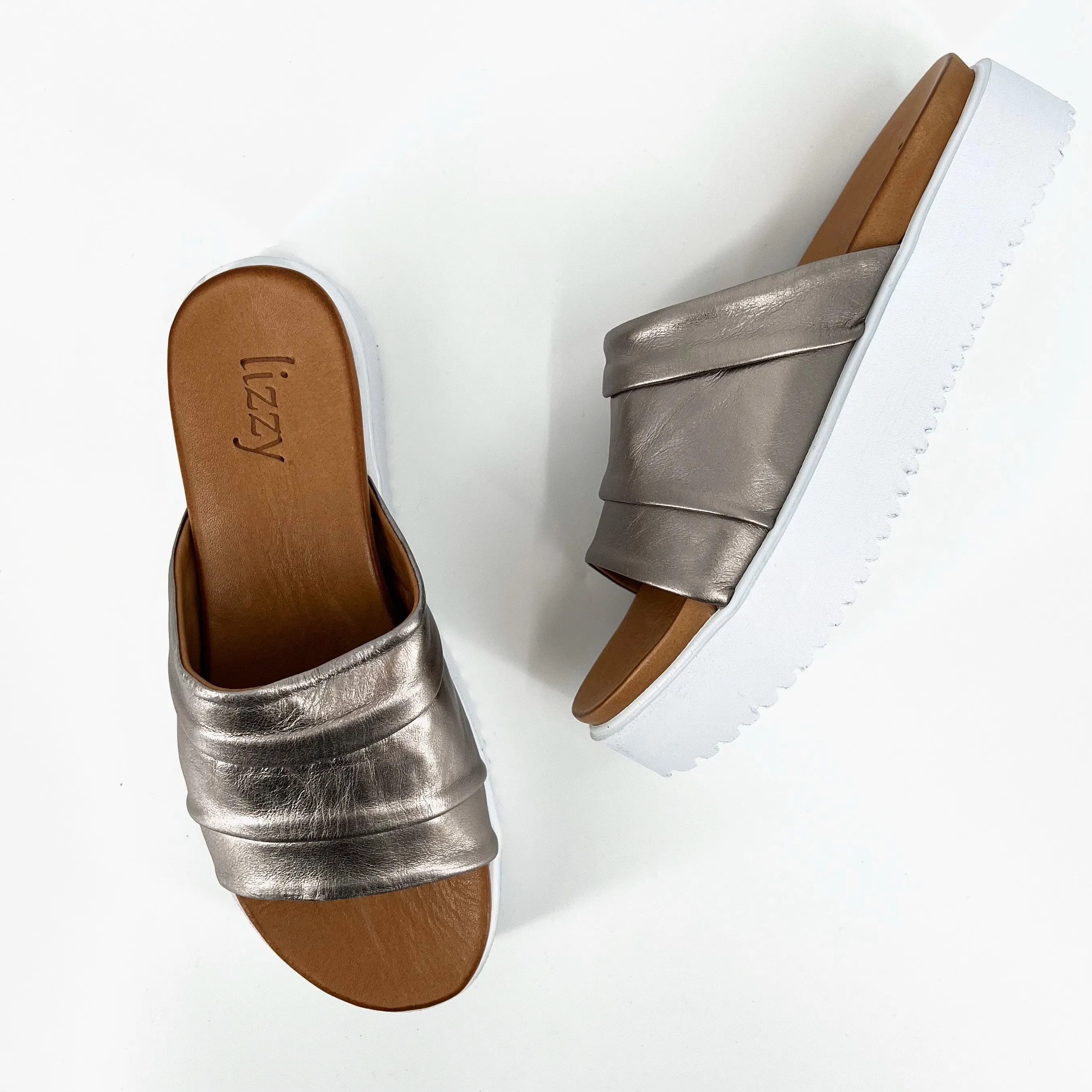 The Pleated Comfort Slide in Metallic