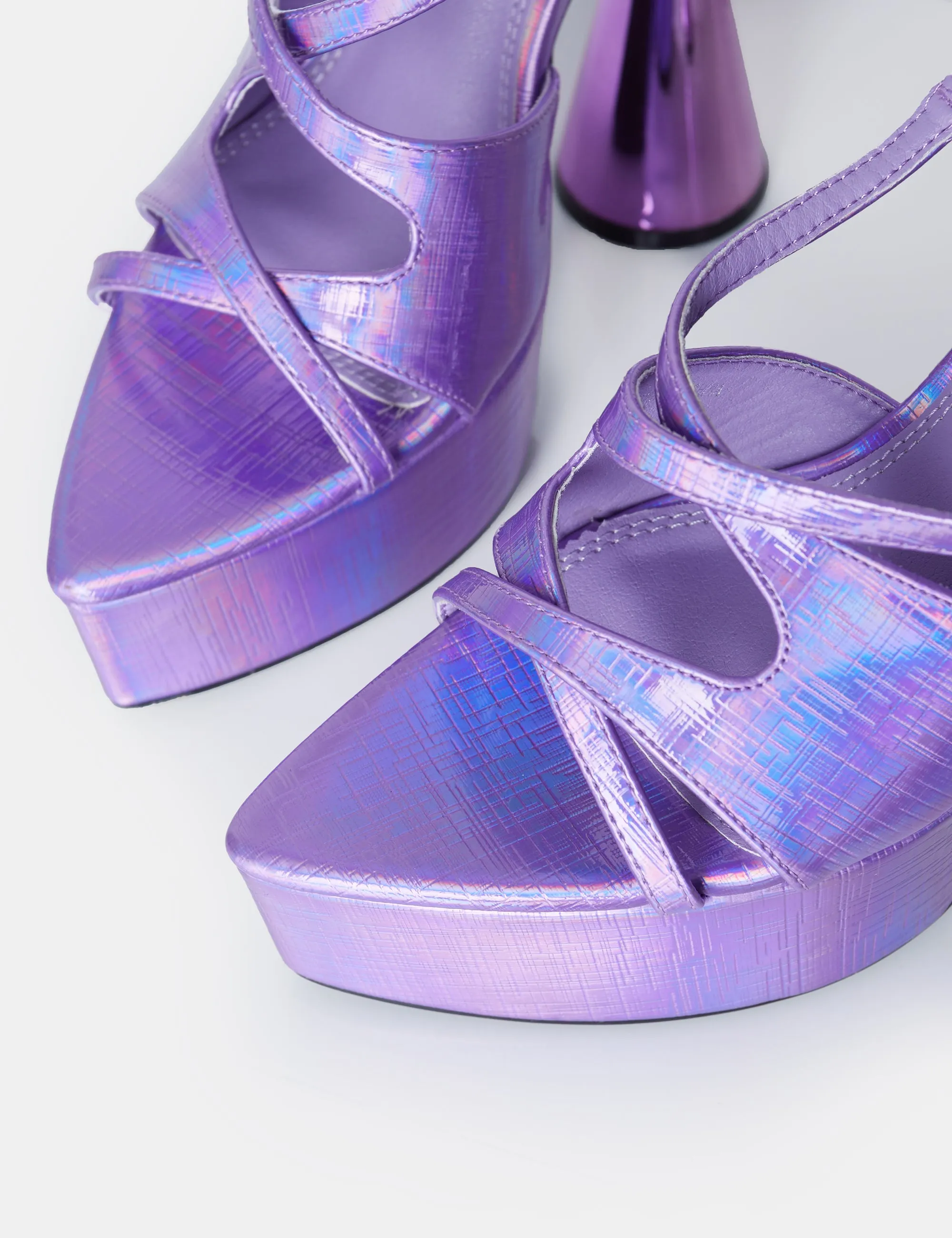 Tina Iridescent Metallic Purple Asymmetric Platform Flared Block Heel