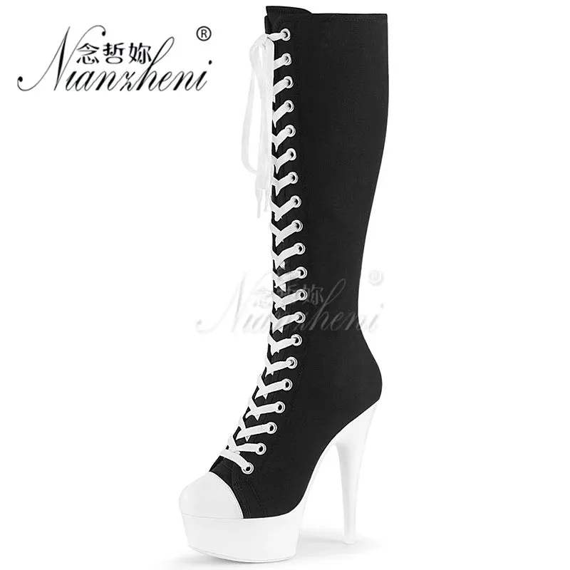 Trendy Retro Black And White Platform Mid Calf Boots