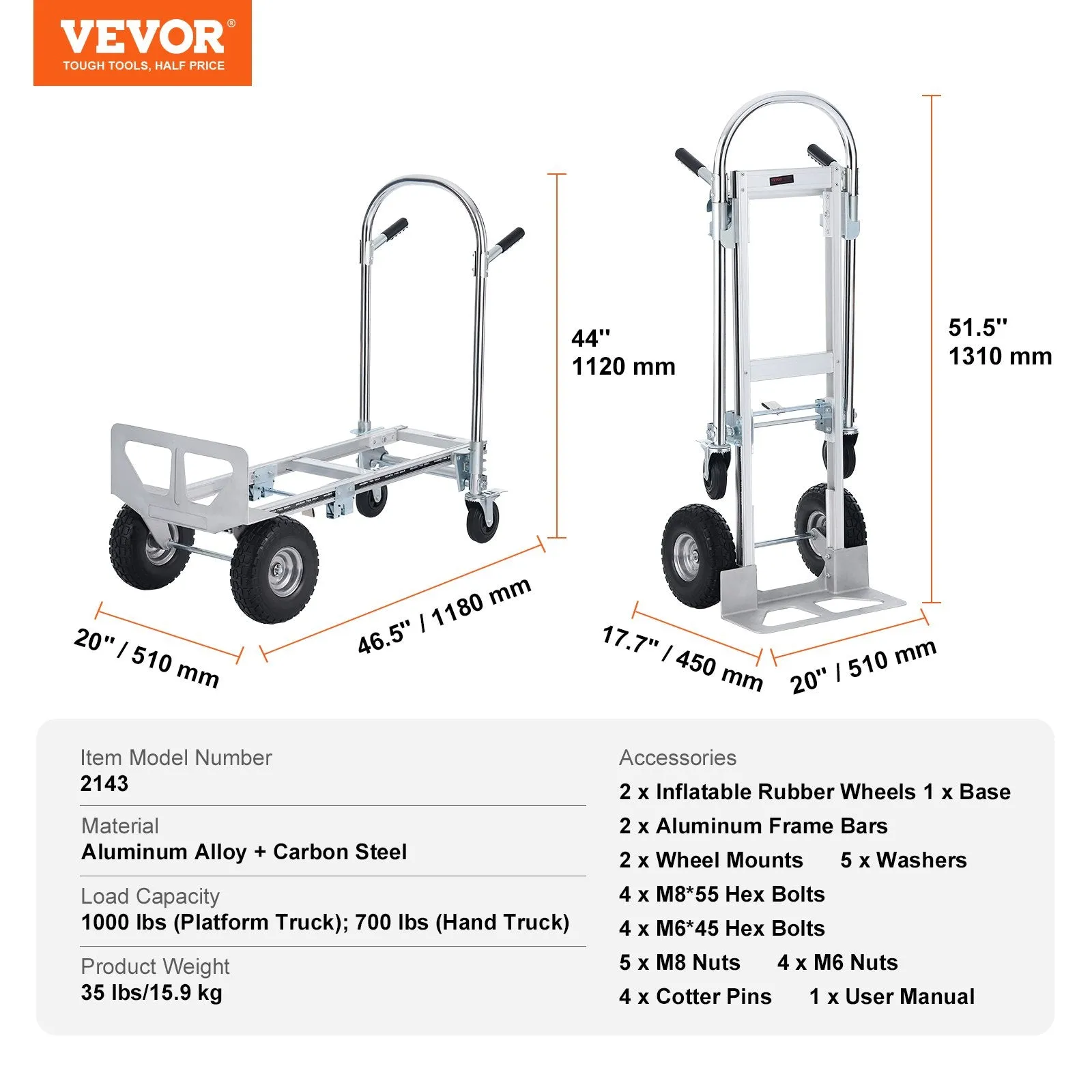 Vevor Aluminum Folding Hand Truck 2-in-1 Design Dolly Cart 1000 Lbs Capacity New