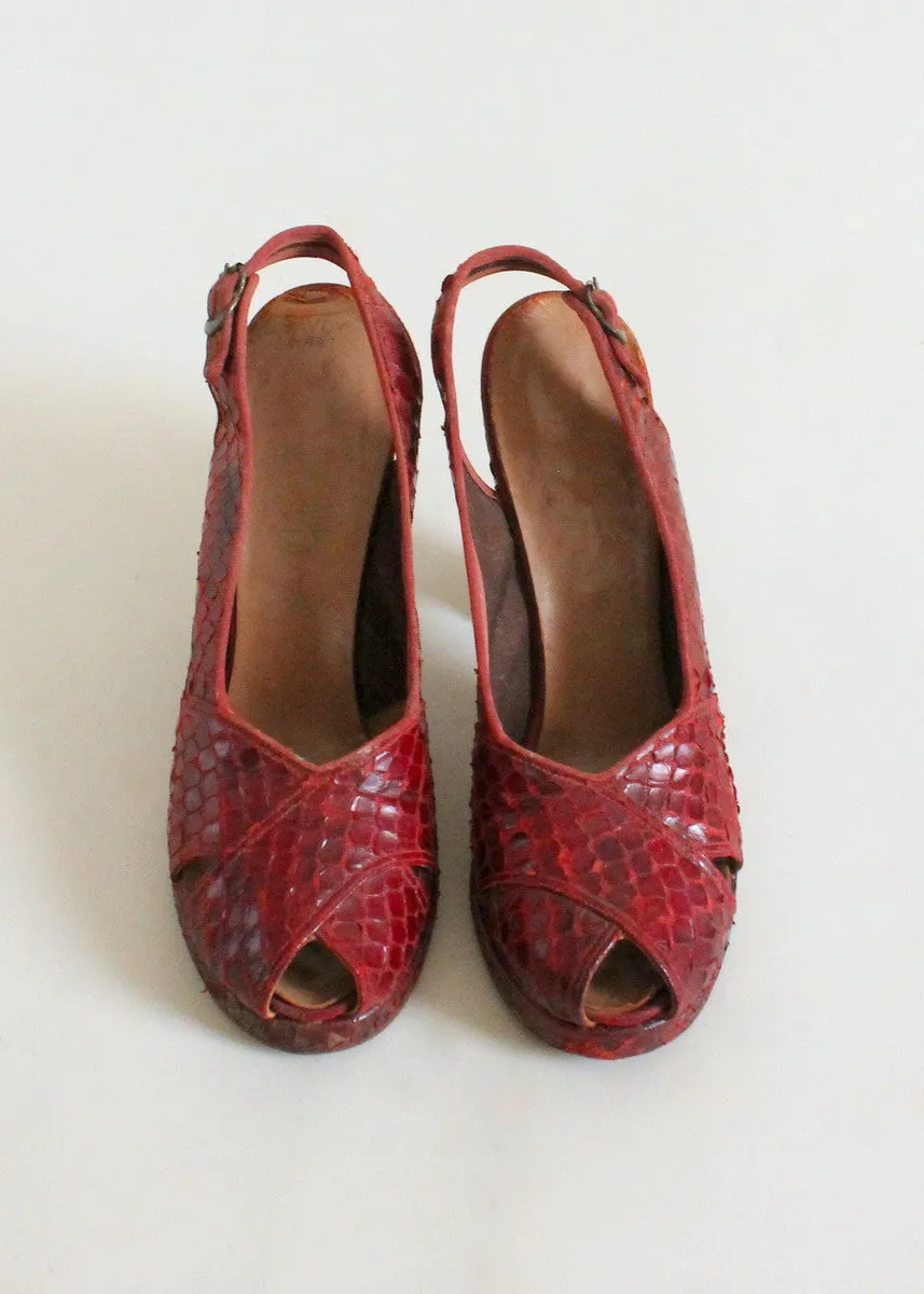 Vintage 1940s Red Snakeskin Platform Sandals