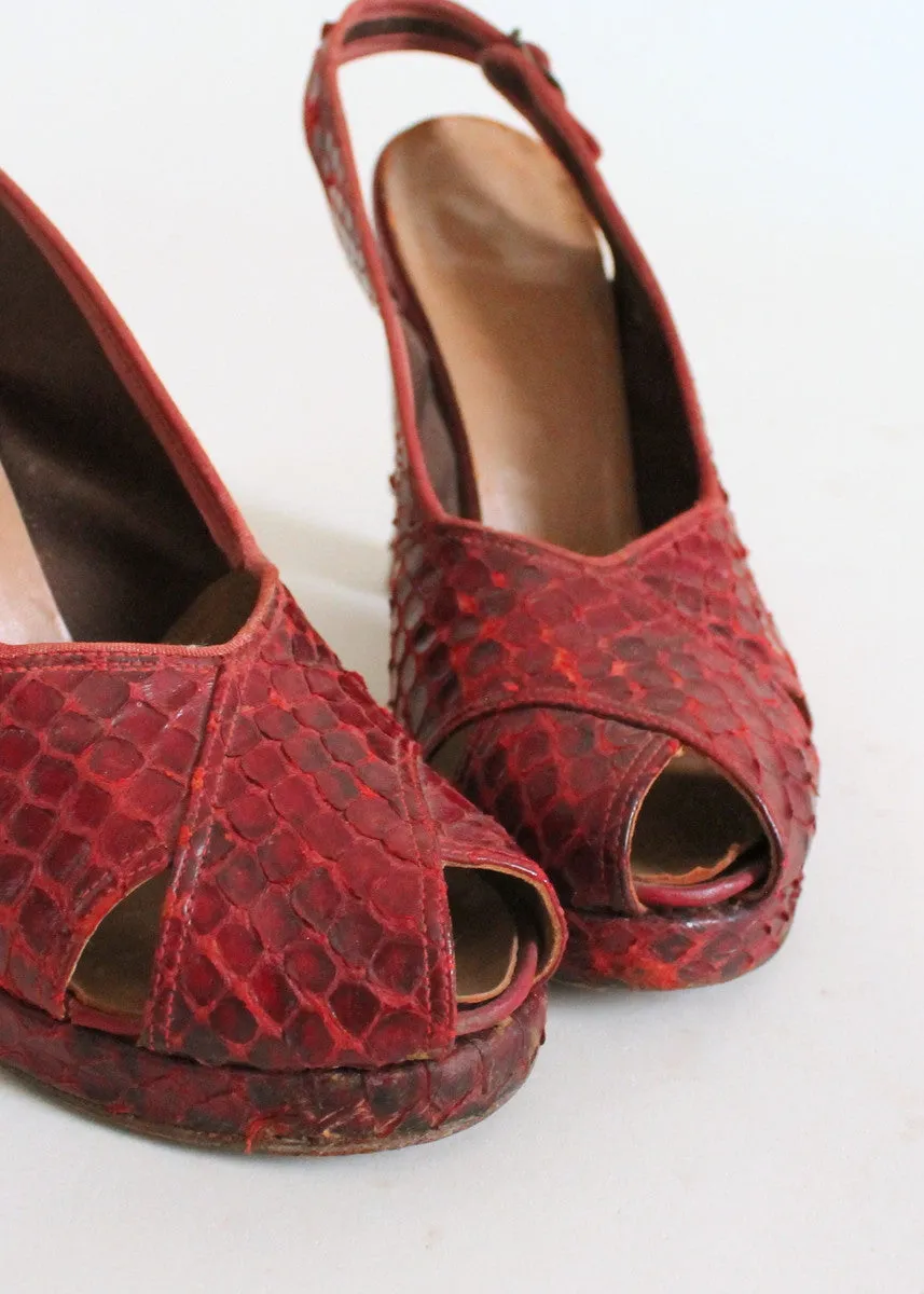 Vintage 1940s Red Snakeskin Platform Sandals