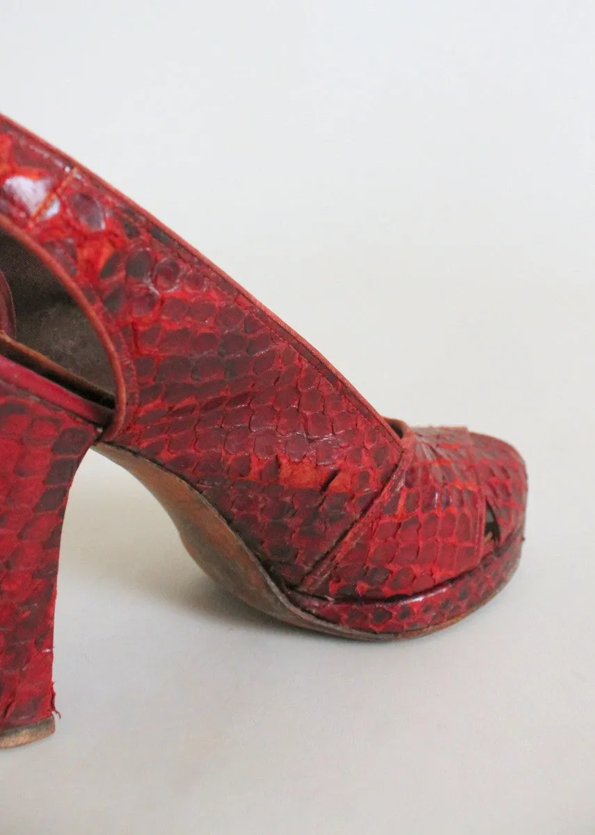 Vintage 1940s Red Snakeskin Platform Sandals