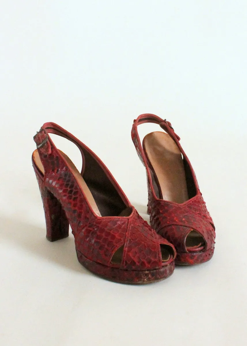 Vintage 1940s Red Snakeskin Platform Sandals