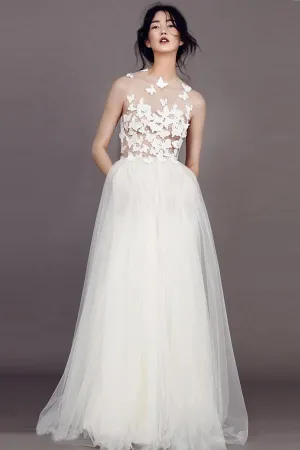 Wedding Dresses Scoop A-line Butterfly Appliques Tulle Ivory Bridal Gown  WD421