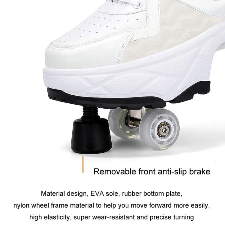 With Brakes Deformable Four-wheel Retractable Double-row Dual-purpose Roller Skates, Size: 34(DF08 White)