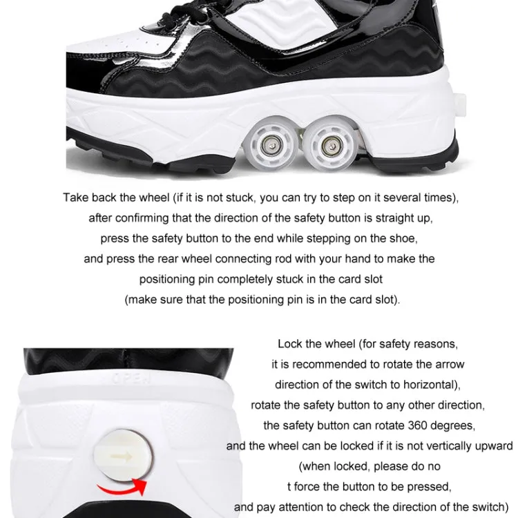 With Brakes Deformable Four-wheel Retractable Double-row Dual-purpose Roller Skates, Size: 34(DF08 White)