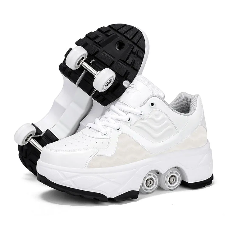 With Brakes Deformable Four-wheel Retractable Double-row Dual-purpose Roller Skates, Size: 34(DF08 White)