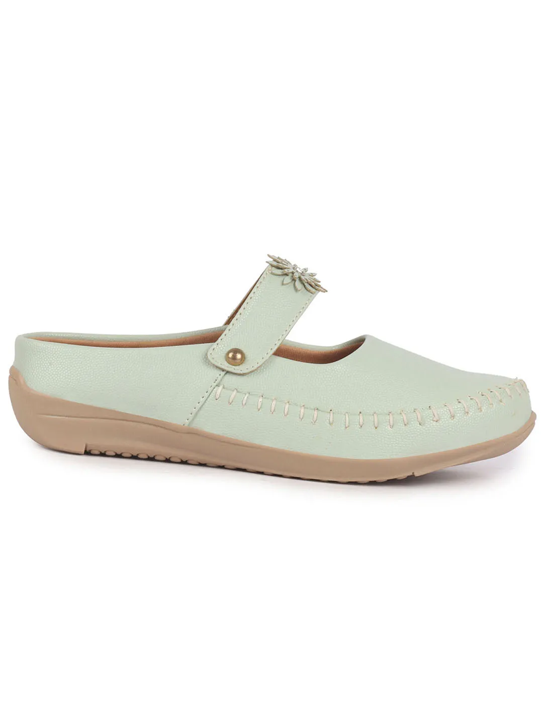 Women Pista Green Floral Strap Back Open Slip On Casual Shoes|Outing Weekend Dress Shoes|All Day Comfort Shoe