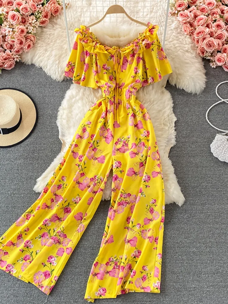 Women Romper Printed High Waist Short Sleeve Vacation Beach Jumpsuits