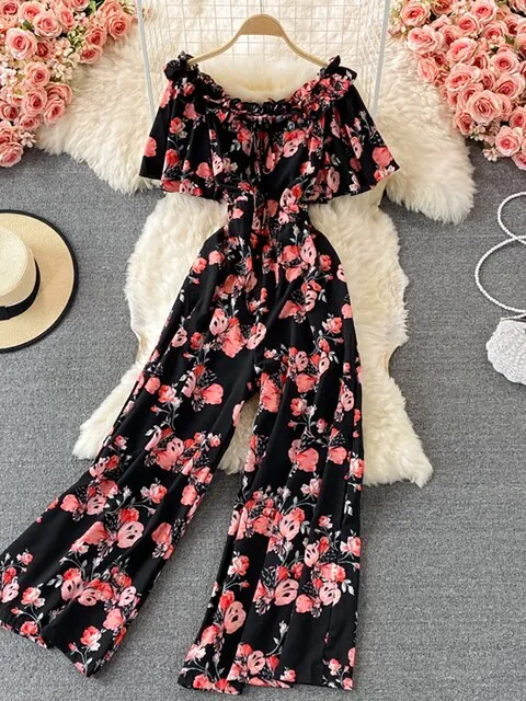 Women Romper Printed High Waist Short Sleeve Vacation Beach Jumpsuits