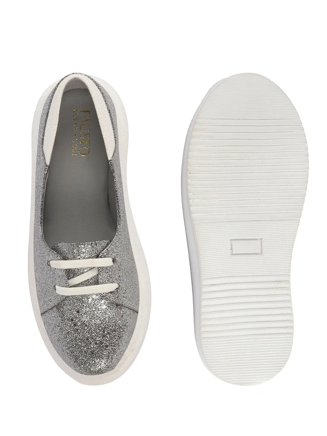 Women Silver Embellished Lace Height Enhancer Slip On Sneaker|Casual Shoe|Evening Party Shoe|Anti Skid Sole