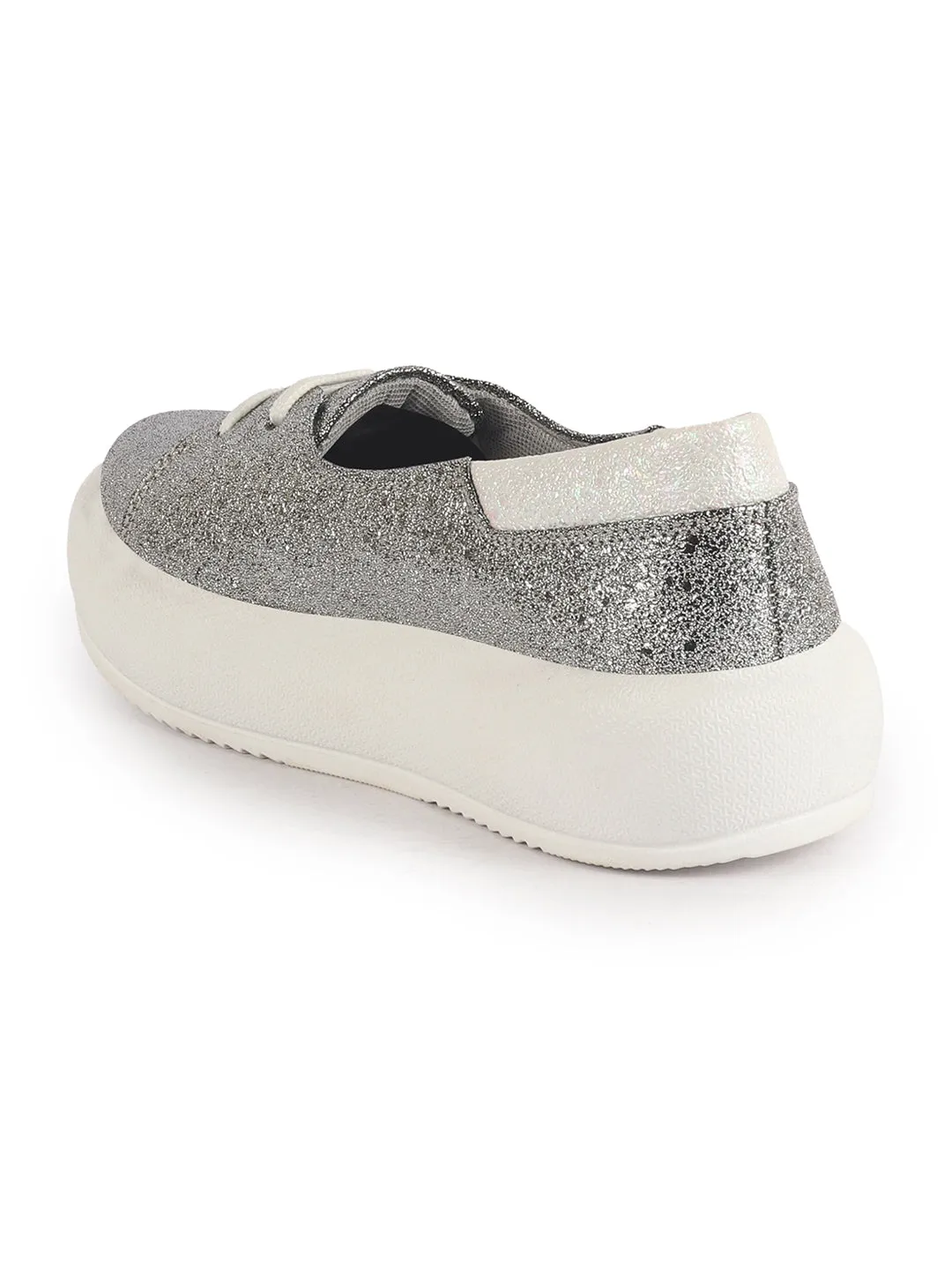 Women Silver Embellished Lace Height Enhancer Slip On Sneaker|Casual Shoe|Evening Party Shoe|Anti Skid Sole