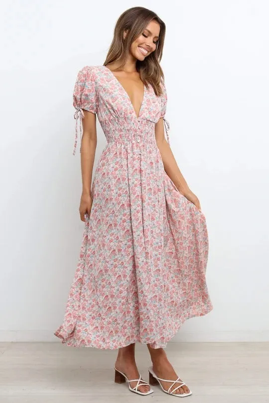 Women's Bohemian Floral Printed  V Neck Short Sleeve Maxi Dress