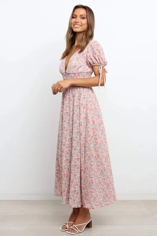 Women's Bohemian Floral Printed  V Neck Short Sleeve Maxi Dress