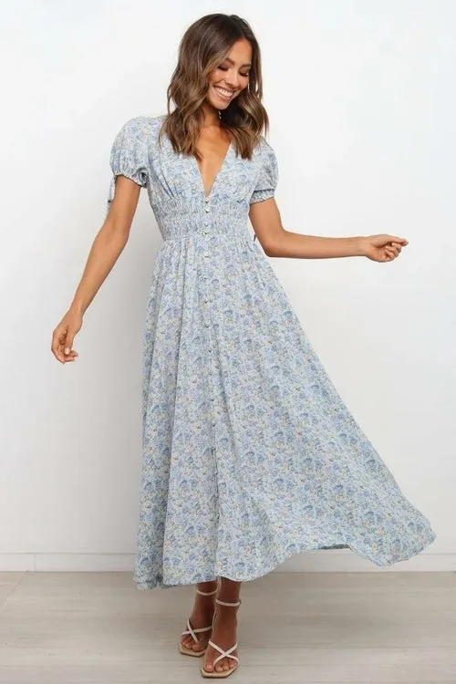 Women's Bohemian Floral Printed  V Neck Short Sleeve Maxi Dress