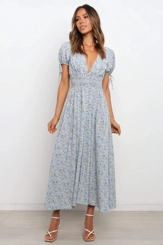 Women's Bohemian Floral Printed  V Neck Short Sleeve Maxi Dress