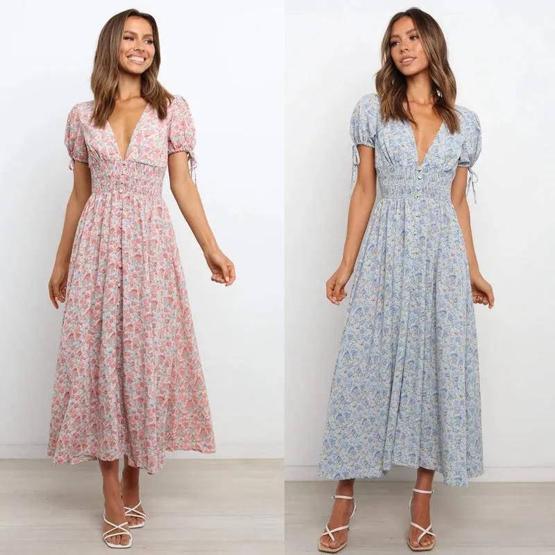 Women's Bohemian Floral Printed  V Neck Short Sleeve Maxi Dress