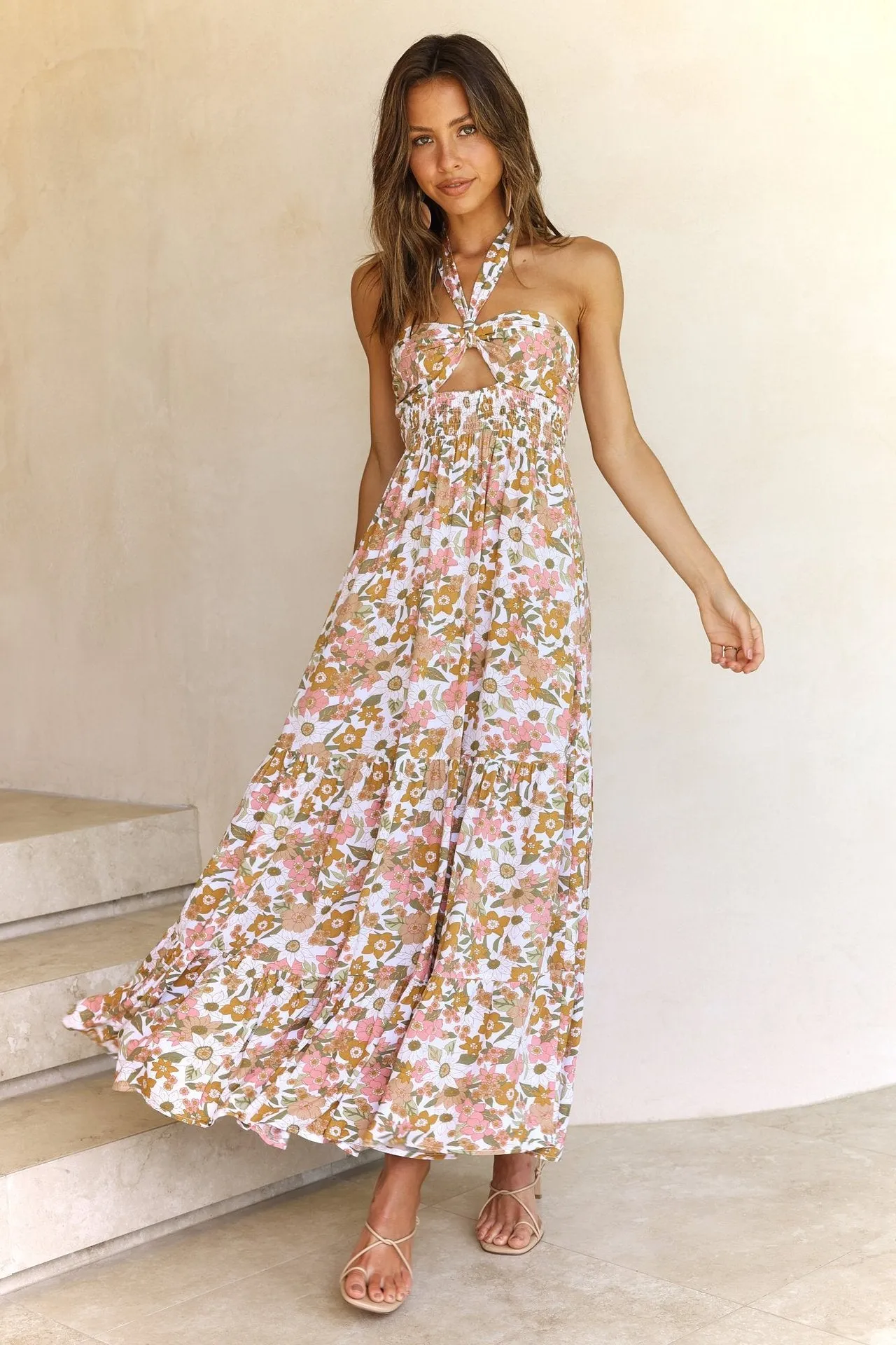 Women’s Casual Halter Neck Sleeveless Floral Long Maxi Dress