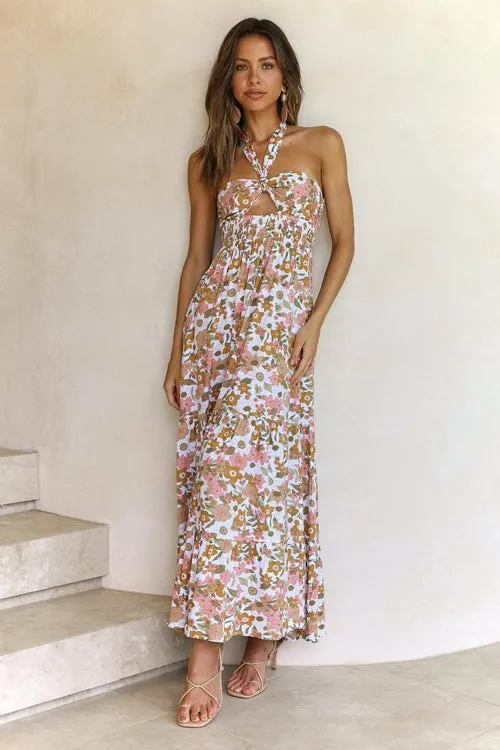 Women’s Casual Halter Neck Sleeveless Floral Long Maxi Dress