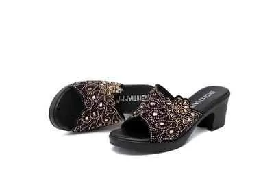 Women's Casual Shoes Slippers High Heels Rhinestone Leather - TZ306