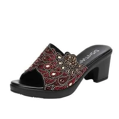 Women's Casual Shoes Slippers High Heels Rhinestone Leather - TZ306