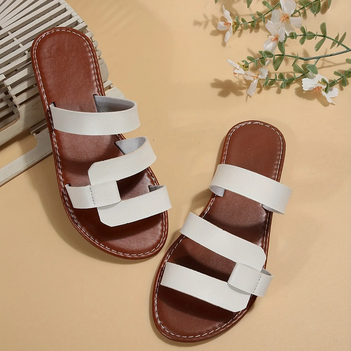 Womens Elegant Flat Slide Sandals - Lightweight, Slip-On, Open-Toe, Faux Leather Upper, Strappy Back, TPR Sole, Perfect for Summer, Beach, and Casual Occasions