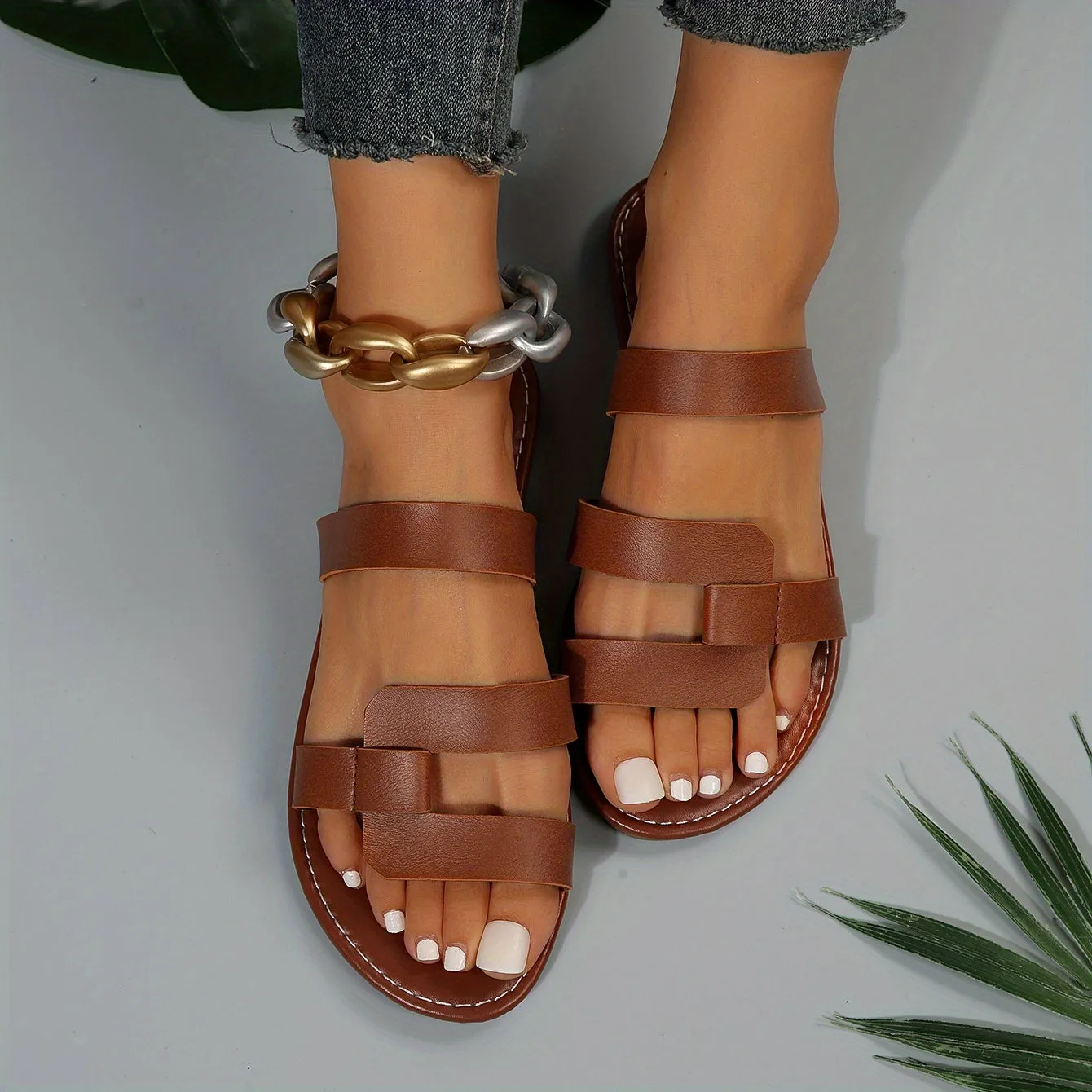 Womens Elegant Flat Slide Sandals - Lightweight, Slip-On, Open-Toe, Faux Leather Upper, Strappy Back, TPR Sole, Perfect for Summer, Beach, and Casual Occasions