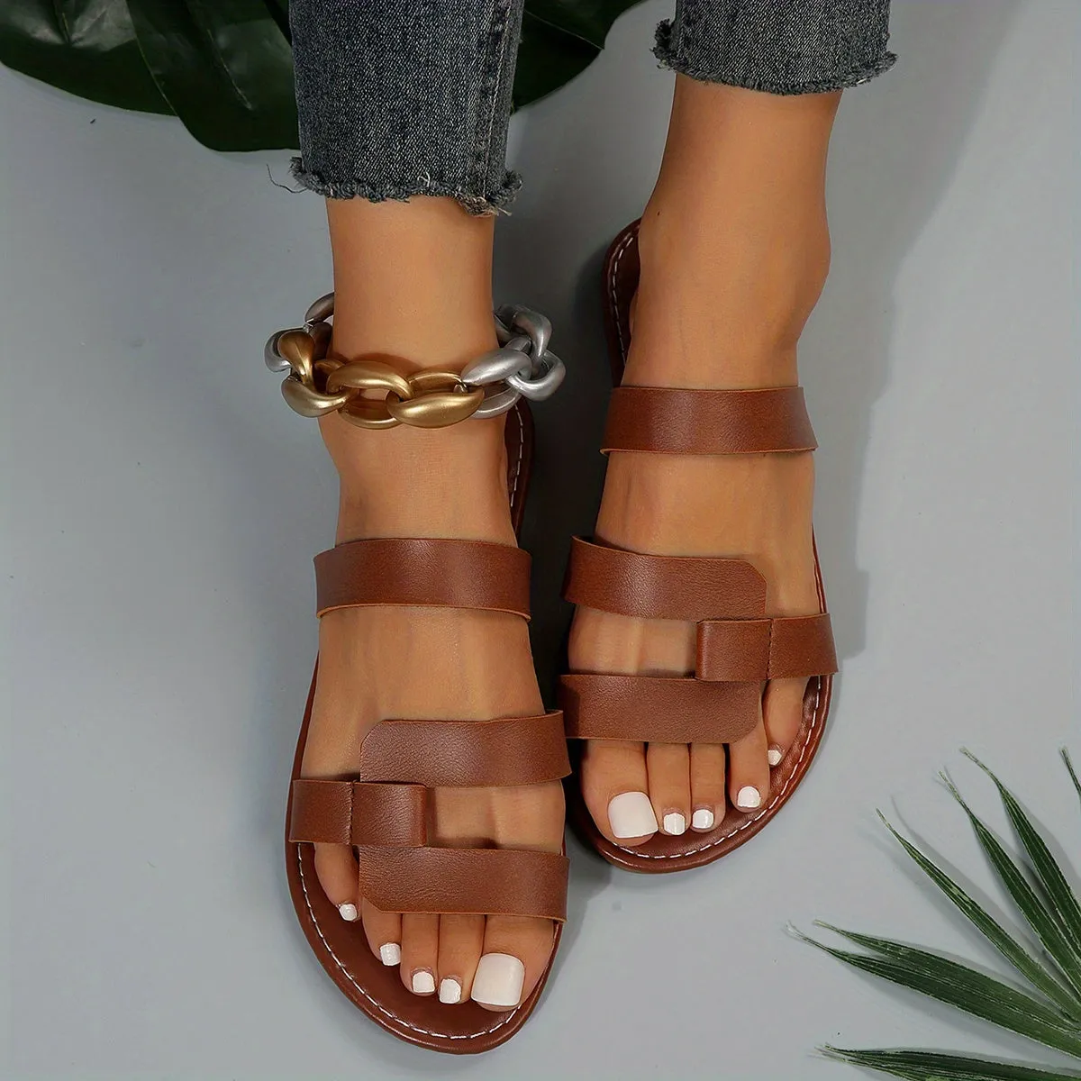 Womens Elegant Flat Slide Sandals - Lightweight, Slip-On, Open-Toe, Faux Leather Upper, Strappy Back, TPR Sole, Perfect for Summer, Beach, and Casual Occasions