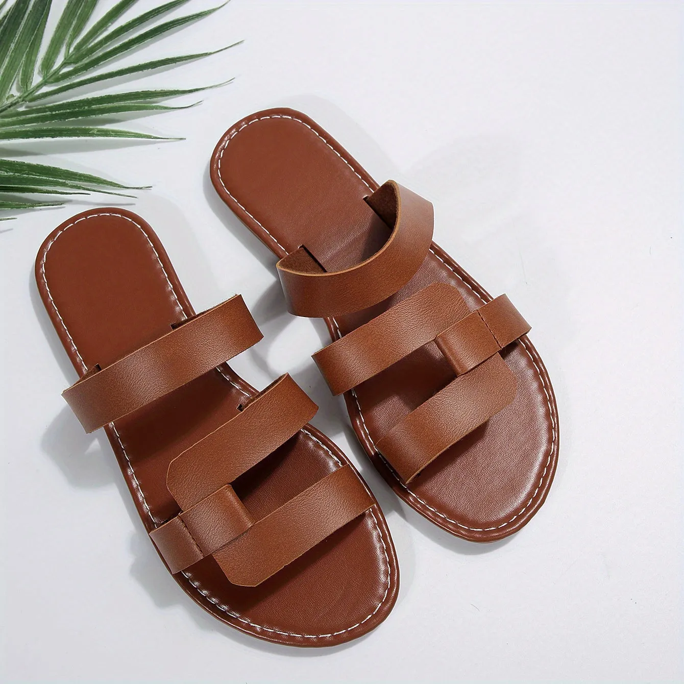 Womens Elegant Flat Slide Sandals - Lightweight, Slip-On, Open-Toe, Faux Leather Upper, Strappy Back, TPR Sole, Perfect for Summer, Beach, and Casual Occasions