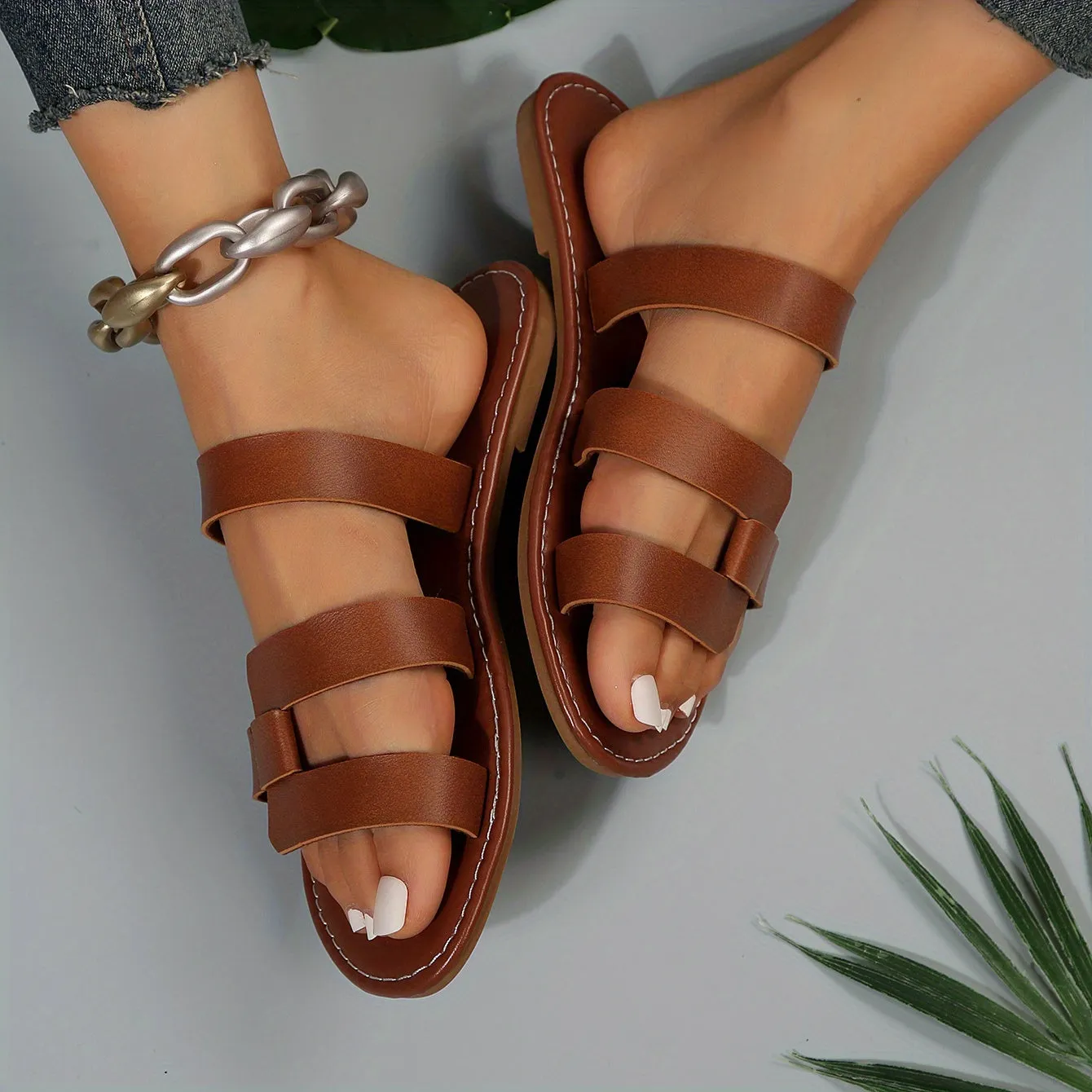 Womens Elegant Flat Slide Sandals - Lightweight, Slip-On, Open-Toe, Faux Leather Upper, Strappy Back, TPR Sole, Perfect for Summer, Beach, and Casual Occasions