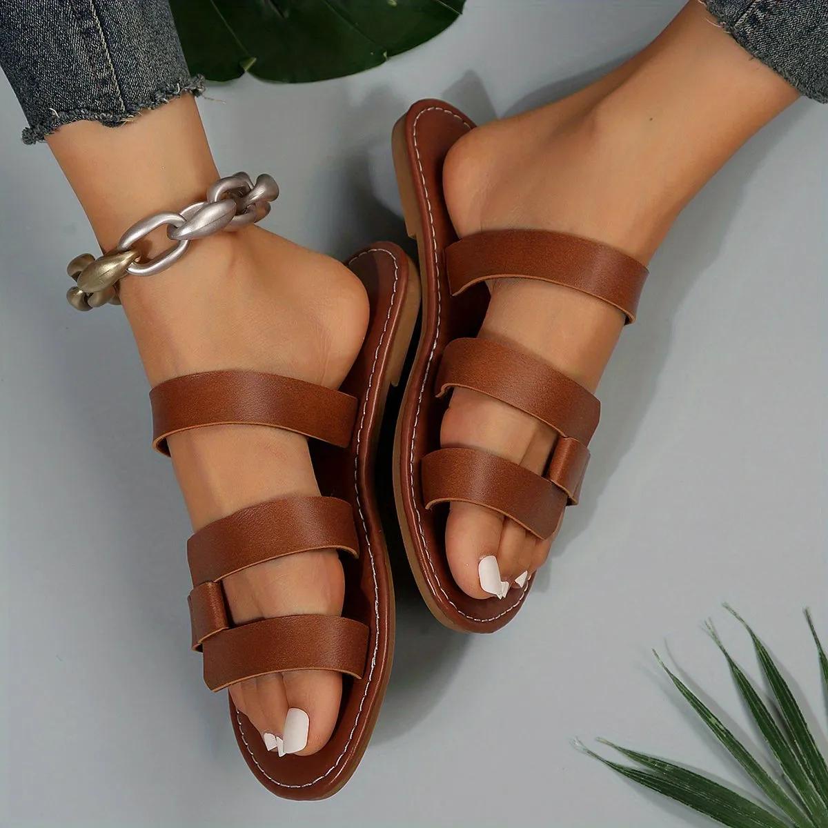 Womens Elegant Flat Slide Sandals - Lightweight, Slip-On, Open-Toe, Faux Leather Upper, Strappy Back, TPR Sole, Perfect for Summer, Beach, and Casual Occasions