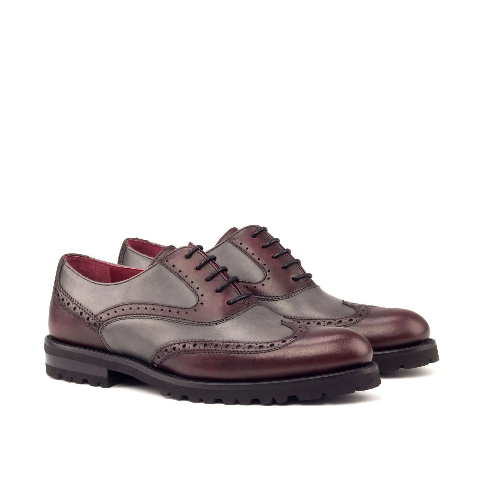 Women's Full Brogue Leather Shoes Burgundy Grey 3053