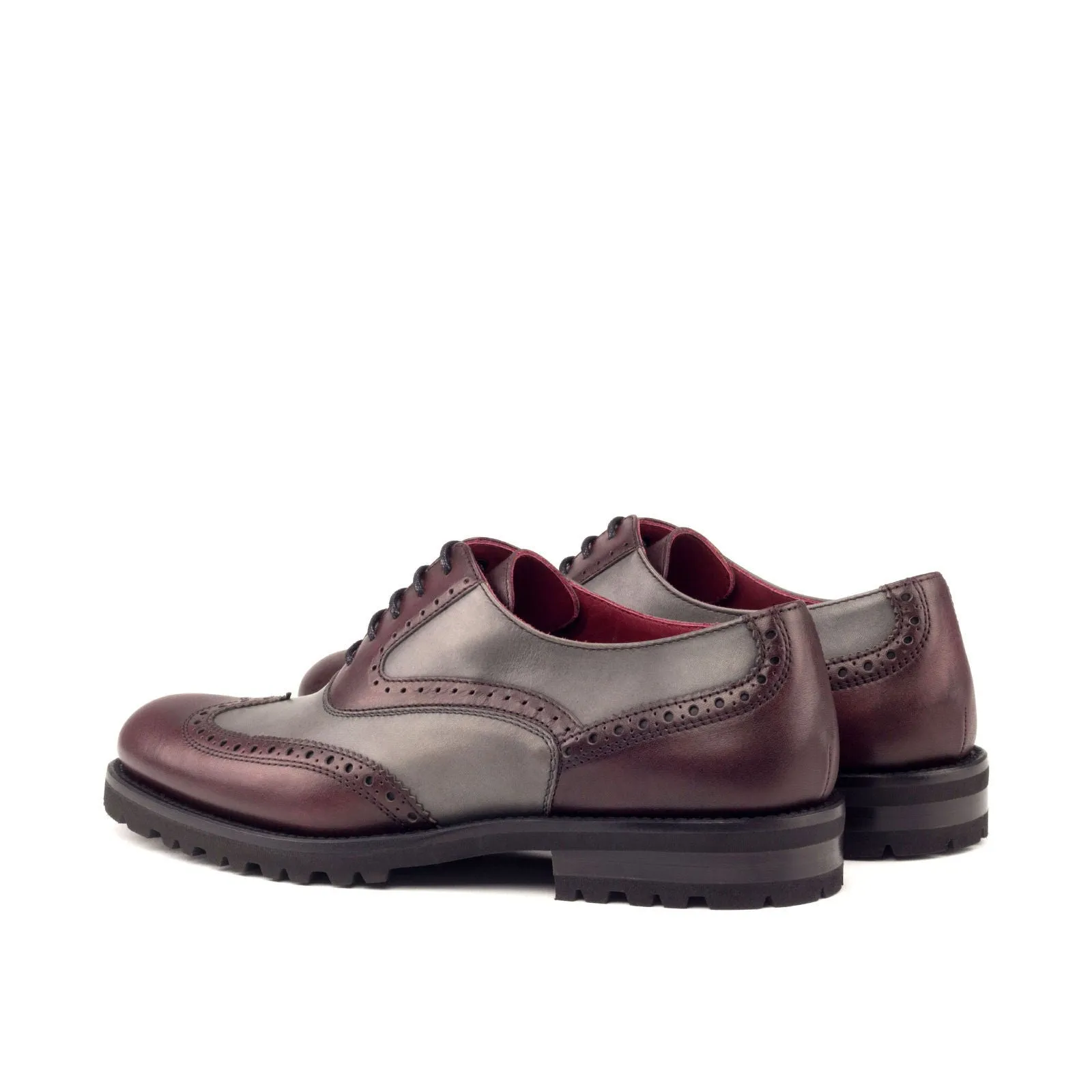 Women's Full Brogue Leather Shoes Burgundy Grey 3053