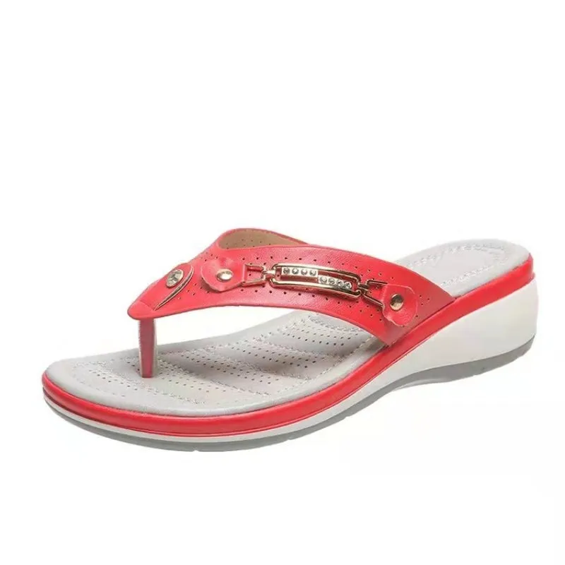 Women's Metal Buttons Decor Wedge Platform Flip Flops Sandals