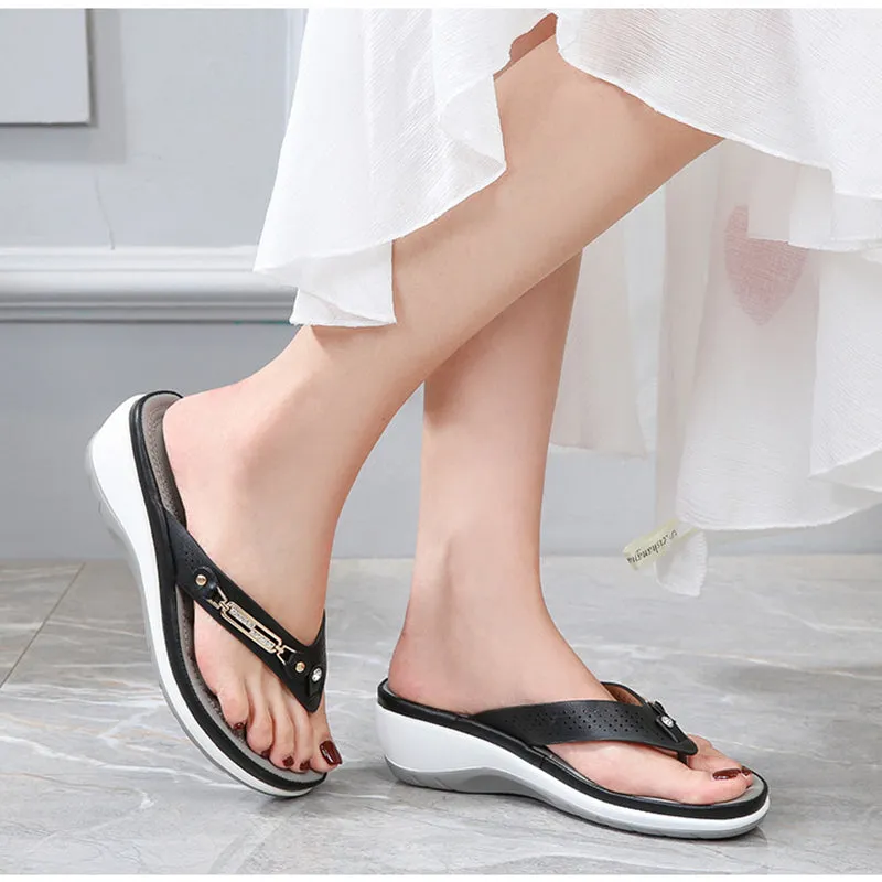 Women's Metal Buttons Decor Wedge Platform Flip Flops Sandals