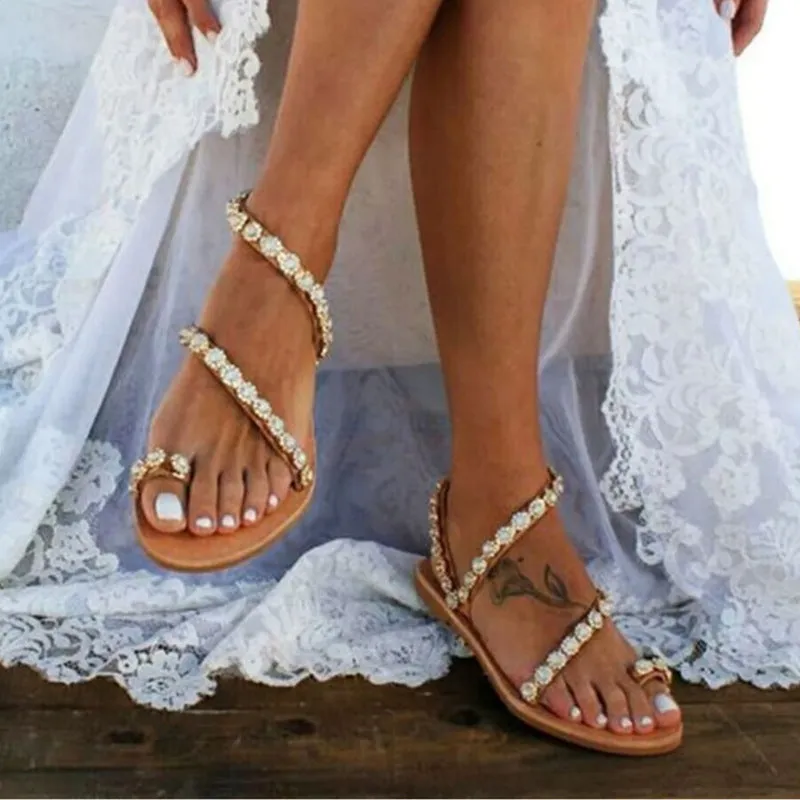 Women's Sandals Mules Boho Beach Shoes Rhinestone Lace Beading Flat Slippers