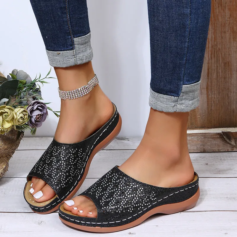 Womens Sequin Platform Hollow Open Toe Wedge Slippers