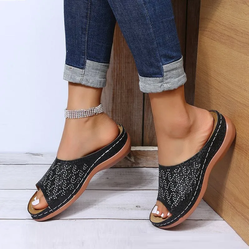 Womens Sequin Platform Hollow Open Toe Wedge Slippers