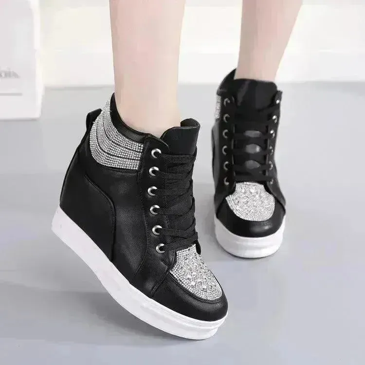 Womens Sneakers Shoes High Top Wedge Platform Heels Rhinestone