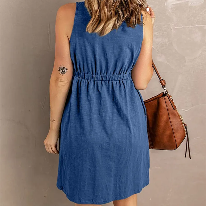 Women's V-Neck Sleeveless Button Elastic Waist Casual Dress